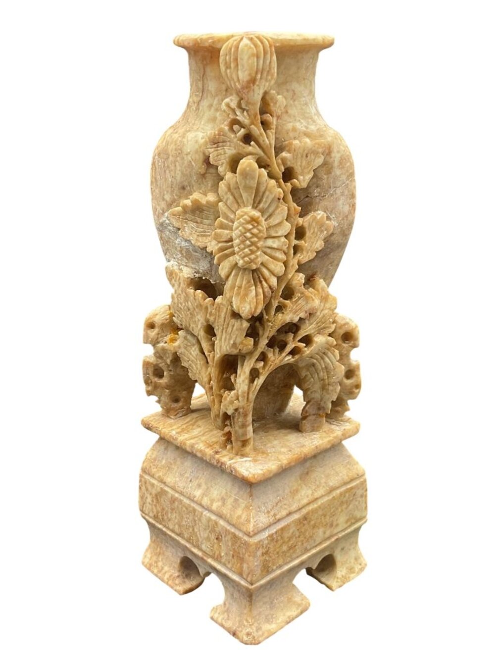 Vintage Hand Carved Chinese Soapstone Bud Vase Intricate Floral Design 6"H x 2"W